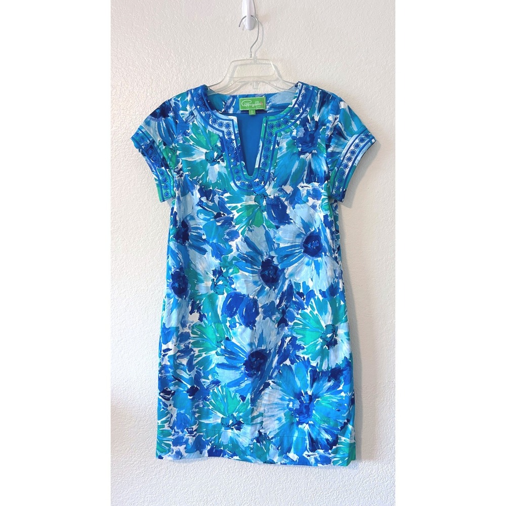 Pappagallo‎ Island Multi Blue Tropical Floral Beaded Split Neck Shift Dress SZ 8
